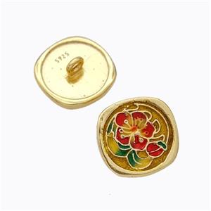 925 Sterling Silver Button Beads Flower Enamel Gold Plated, approx 10mm