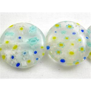 Coin Round Millefiori Glass Beads Multi Flower, 18mm dia, 22pcs per st.