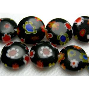 16 inch string flat round multi flower millefiori glass, 8mm diameter