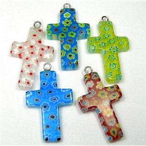 Millefiori glass crosses pendant-multi flower&mixed, approx 20x30mm