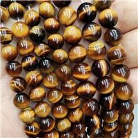 Natural Tiger Eye Stone Beads A-Grade Yellow Smooth Round, approx 10mm dia